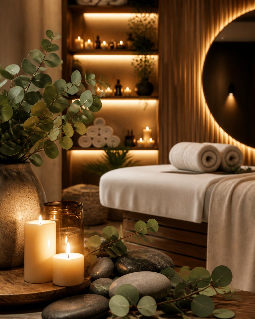 Spa massage room with candles and stones
