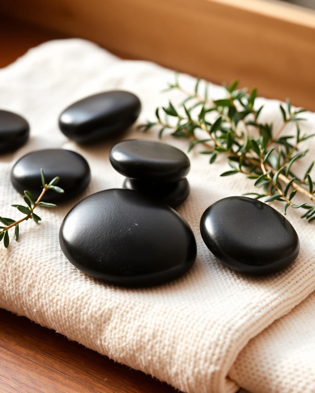 Hot basalt stones with eucalyptus